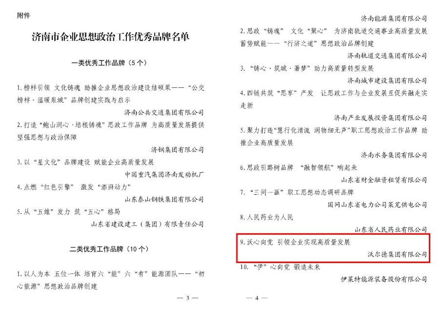 沃尔德集团荣获济南市企业思想政治工作优秀品牌